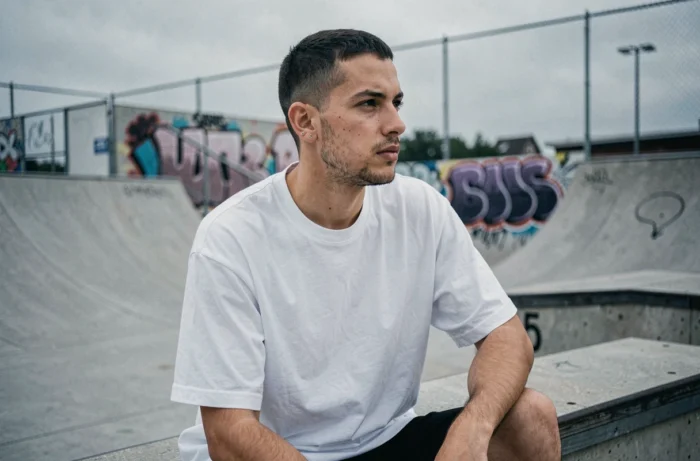 Jeune homme avec piercing hélix double dans un skatepark urbain en béton texturé