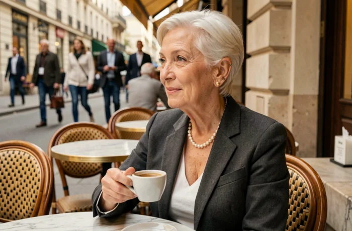 Femme élégante de 60 ans avec piercing gold tragus et helix dans un café parisien chic