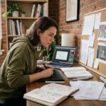 Jeune femme étudiant des planches d'animation dans un studio créatif organisé, préparant sa carrière dans les métiers de l'animation