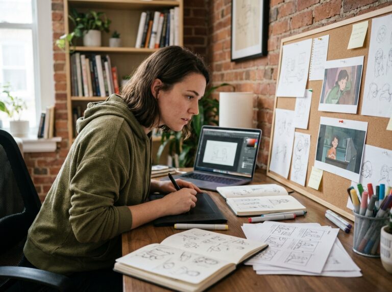 Jeune femme étudiant des planches d'animation dans un studio créatif organisé, préparant sa carrière dans les métiers de l'animation
