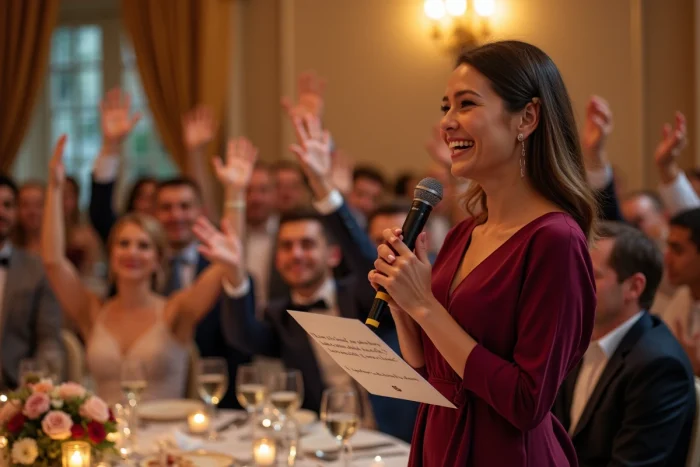 Animatrice tenant un micro et une carte de quiz sur les mariés devant des invités levant la main pour voter lors d'une réception de mariage