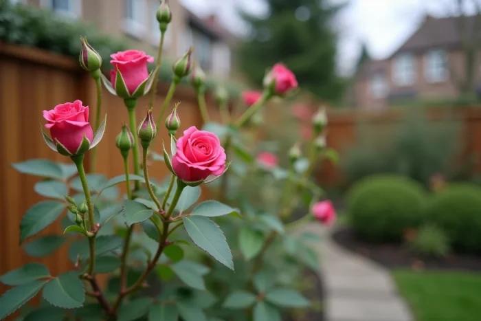 Rosier au jardin avec plusieurs yeux de rosier visibles sur les tiges au début du printemps