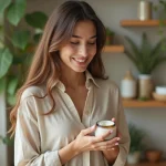 Jeune femme appliquant une creme botanique visage