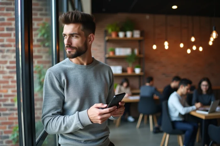 Spécialiste RH consultant une application mobile de gestion des ressources humaines dans un espace de co-working
