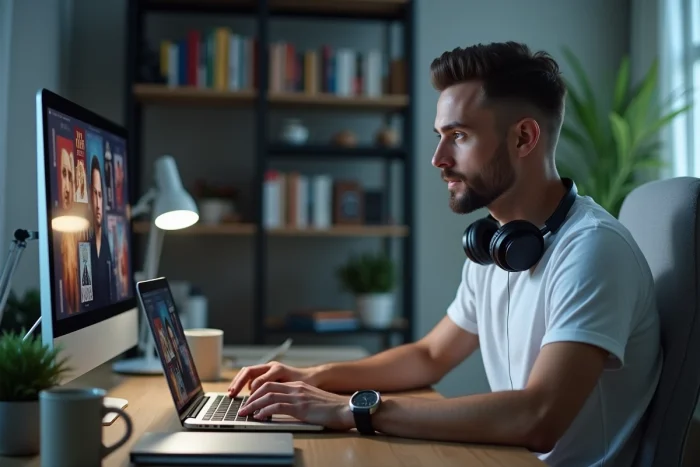 Homme naviguant sur une plateforme de streaming légale depuis son bureau à domicile