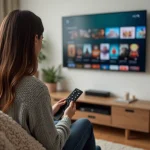 Femme regardant un film en streaming légal sur sa télévision dans un salon cosy