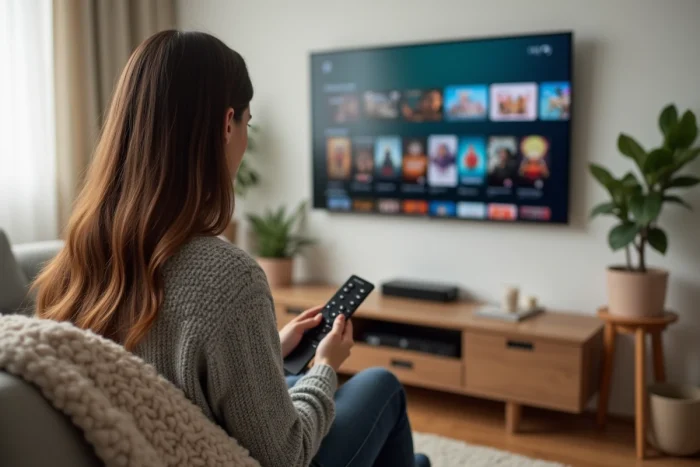 Femme regardant un film en streaming légal sur sa télévision dans un salon cosy
