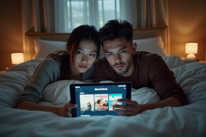Deux amis regardant un film en streaming légal sur une tablette dans une chambre