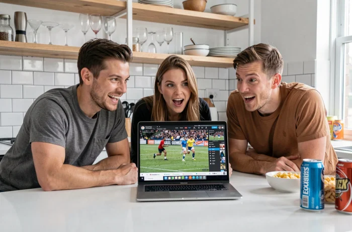 Groupe d'amis regardant un match de rugby en streaming gratuit sur ordinateur portable dans une cuisine