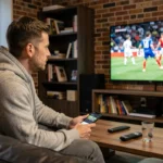Homme regardant un match de sport en streaming gratuit sur une smart TV dans un salon moderne