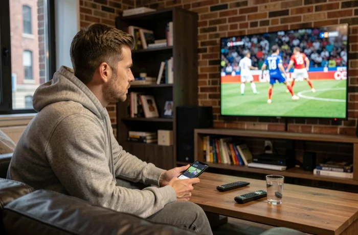 Homme regardant un match de sport en streaming gratuit sur une smart TV dans un salon moderne