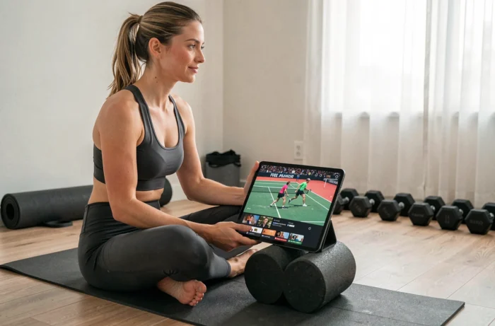 Femme regardant un match de tennis en streaming sur tablette dans un espace fitness à domicile