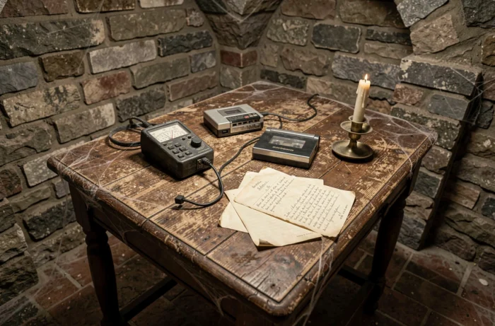 Table d'investigation paranormale avec équipements anciens dans une cave en pierre humide