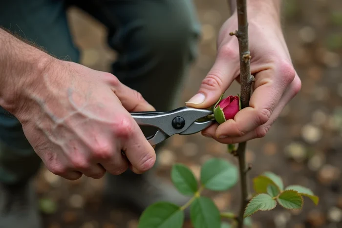 Jardinier taillant un rosier juste au-dessus d'un œil de rosier avec un sécateur dans un jardin printanier