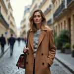 Femme élégante en manteau camel portant un sac en cuir dans une rue pavée du Marais à Paris, tendances mode automne parisienne