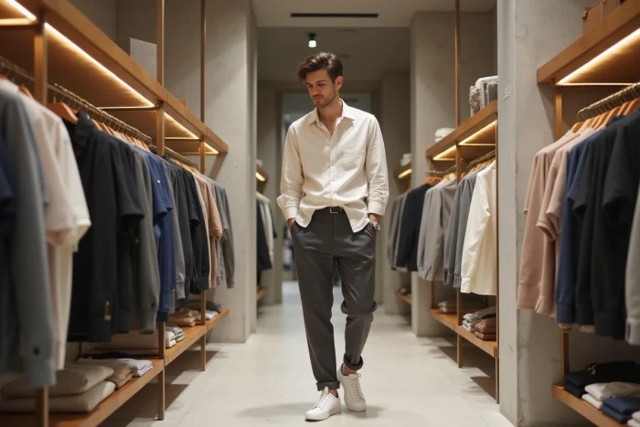 Jeune homme stylé en tenue minimaliste explorant un concept store parisien à Saint-Germain-des-Prés, mode masculine contemporaine