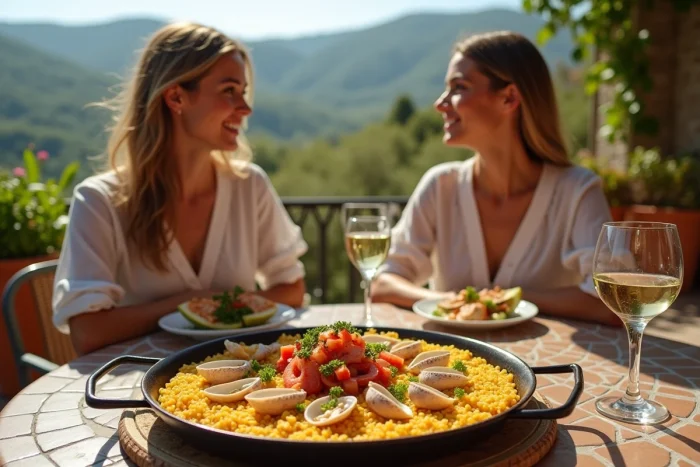 Terrasse ensoleillée d'un restaurant à Dancharia avec deux femmes dégustant une paella et du vin blanc face aux collines pyrénéennes
