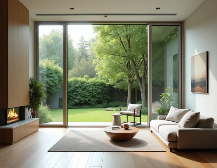 Fenêtre à verre dormant en aluminium dans un salon moderne avec vue sur jardin