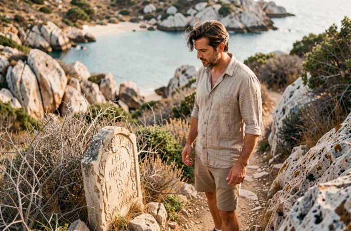 Voyageur contemplant une pierre ancienne gravée sur le sentier menant à la plage de Balos en Crète, évoquant les légendes du lieu